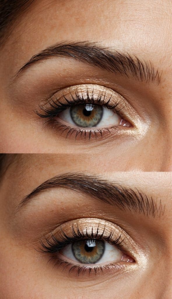 Two close-up photos of a human eye with perfectly shaped eyebrows and eyelashes, featuring a neutral, shimmery eyeshadow applied on the eyelid.