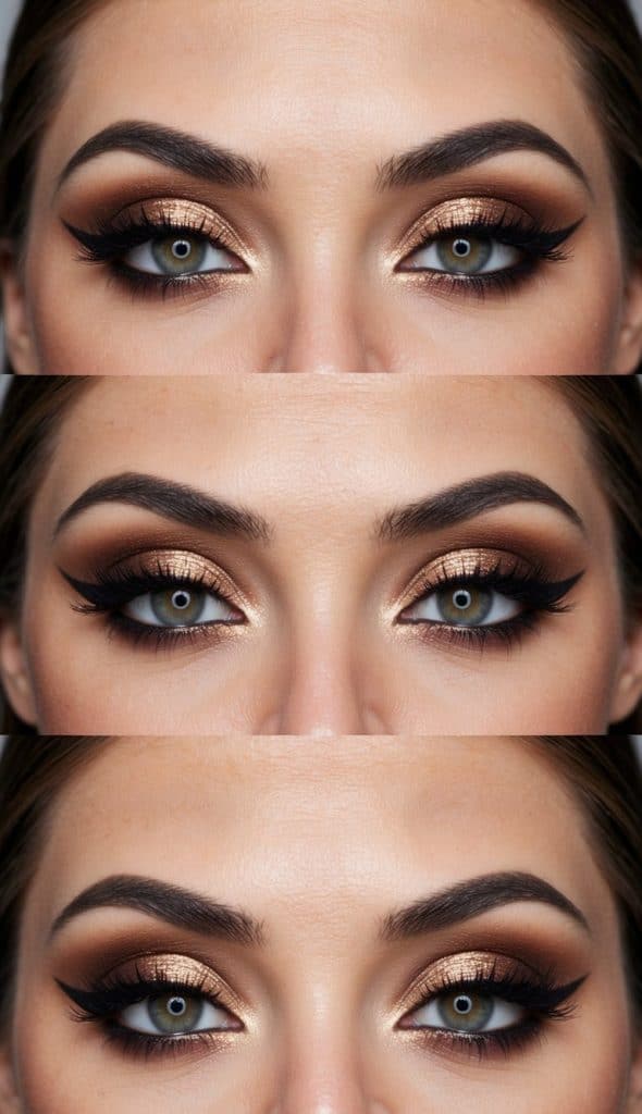 Close-up of eyes with gold and brown smoky eyeshadow, winged eyeliner, and enhanced lashes, shown in three similar images stacked vertically.