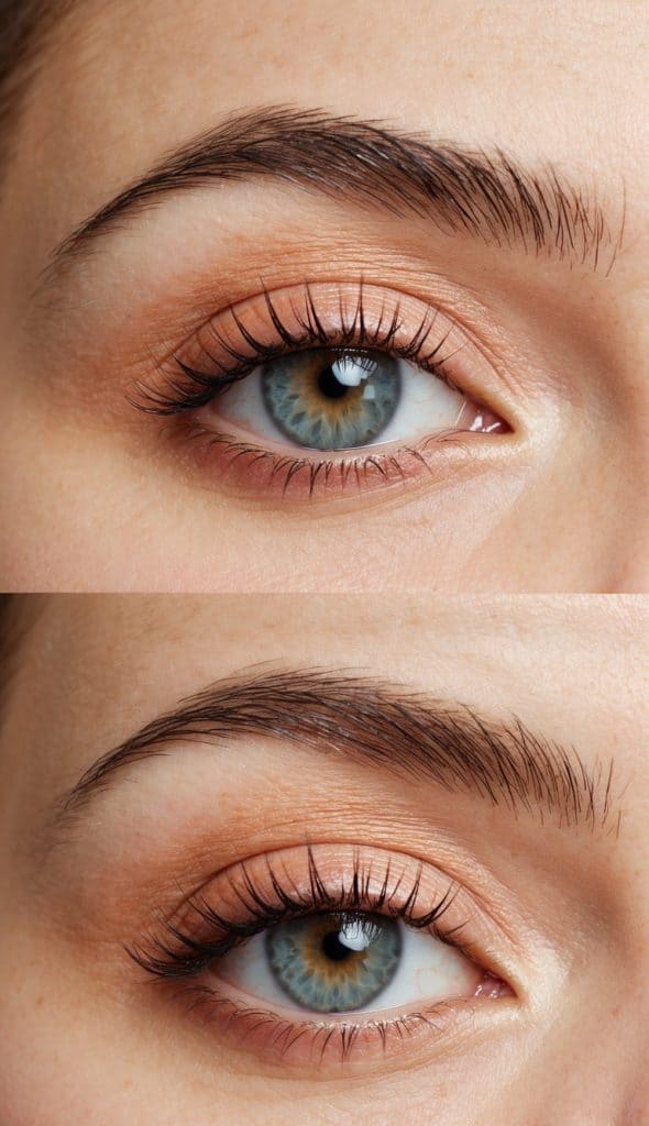 Close-up of two identical blue eyes with well-defined eyebrows and natural makeup.