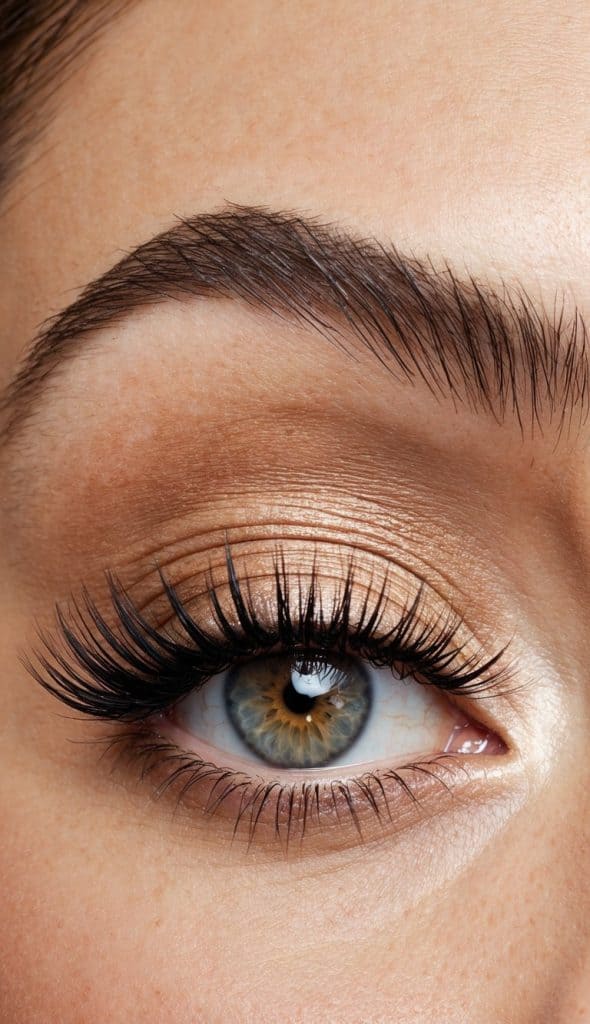Close-up of a blue eye with long eyelashes and gold eyeshadow, showing a defined eyebrow above.
