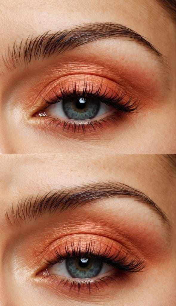 Close-up of a blue eye with orange eyeshadow, long lashes, and well-defined eyebrows.