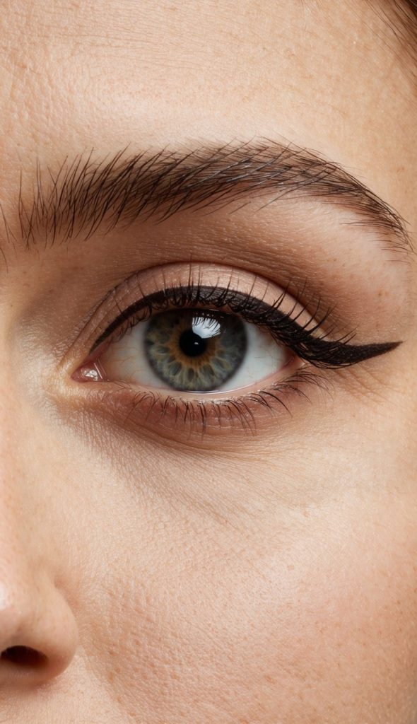 Close-up of a person's eye with blue and green iris, lined with black eyeliner, and surrounded by natural skin tones.