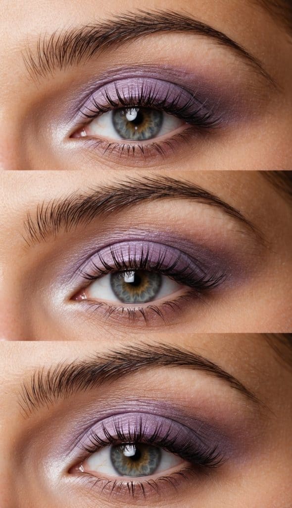 Close-up of a person's eye with purple eyeshadow and mascara applied to the eyelashes, shown from three angles.