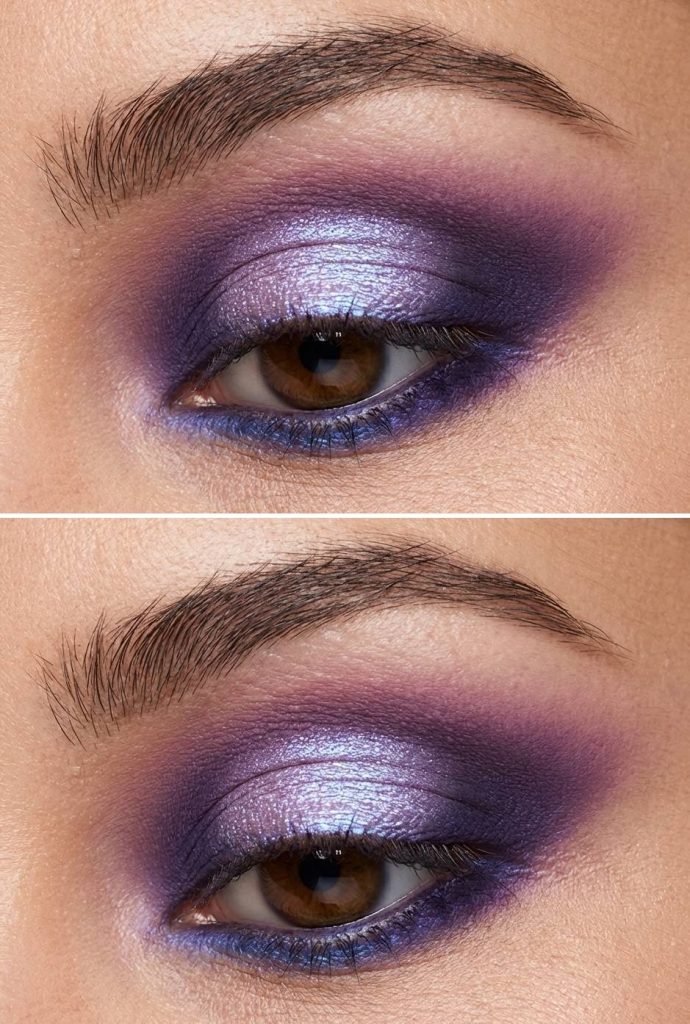 Close-up of a halo eye makeup style showcasing shimmery lilac at the center of the lid, surrounded by blended royal purple tones and a cool base.