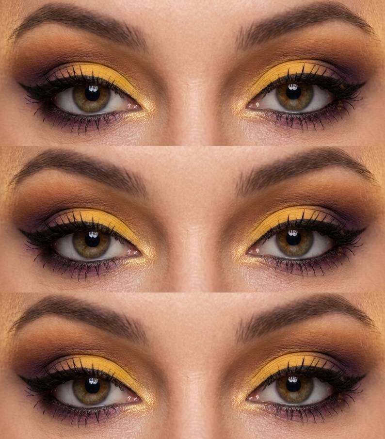 Haldi eye makeup look showing vibrant yellow on the lid, purple outer crease and lash line, and gold shimmer near the tear duct.