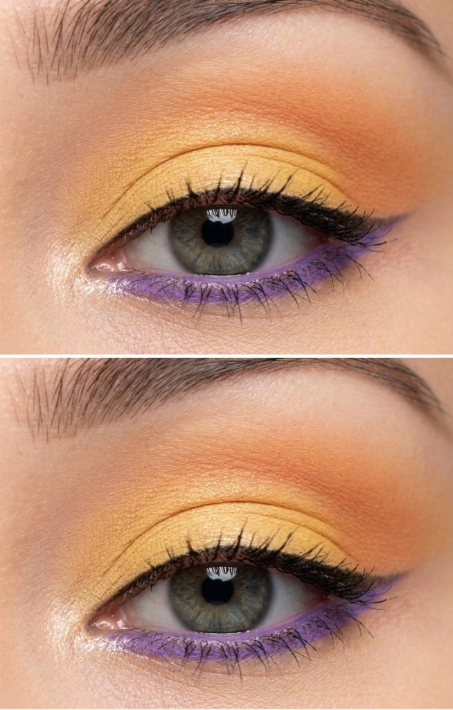 Haldi eye makeup look showing matte yellow on the lids, soft orange transition in the crease, and bold purple liner under the eye.