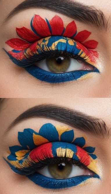Vibrant floral-inspired eye makeup designs with bold colors and intricate patterns