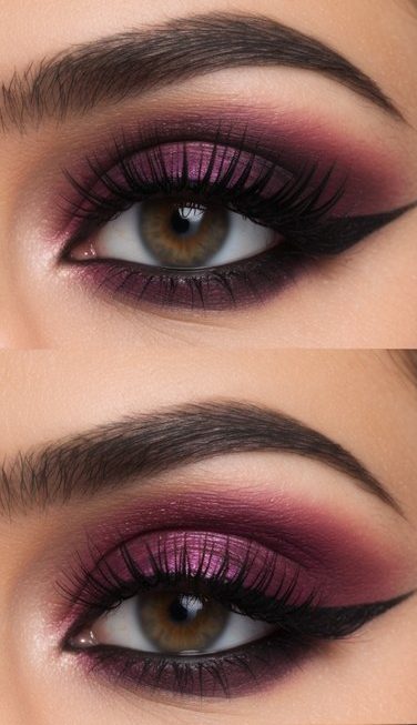A close-up of various eye makeup looks in moody maroon shades, with intricate details and bold, trendy designs