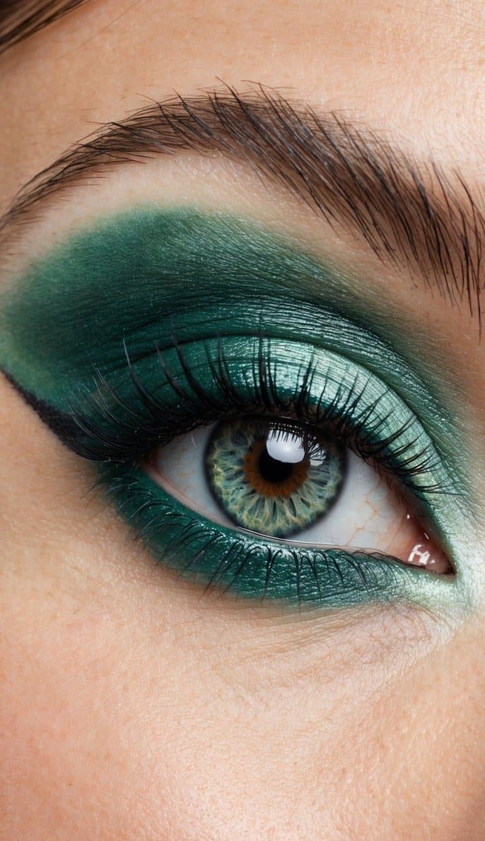 A close-up of an eye with soft pastel green and luxurious emerald green eye makeup, creating a captivating and elegant look