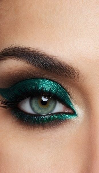 A pair of vibrant emerald green eyes with double-lined makeup, creating a luxurious and captivating look