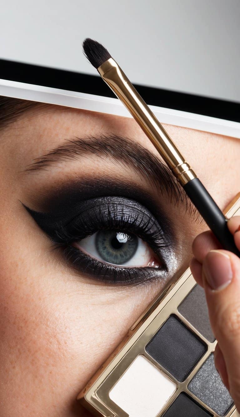 A close-up of a smoky eye makeup look being applied with brushes and eyeshadow palettes on a clean, well-lit surface
