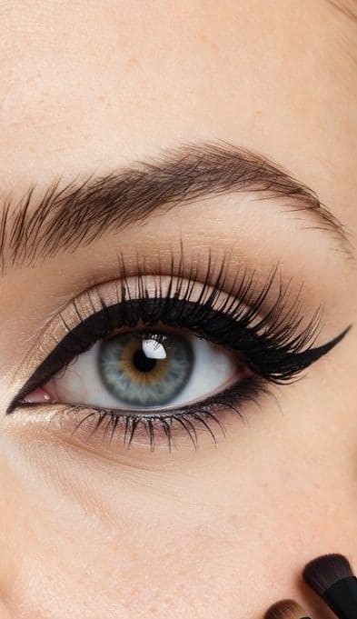 A close-up of a classic cat eye makeup tutorial being demonstrated on a clean, well-lit surface with various makeup tools and products arranged neatly around the scene