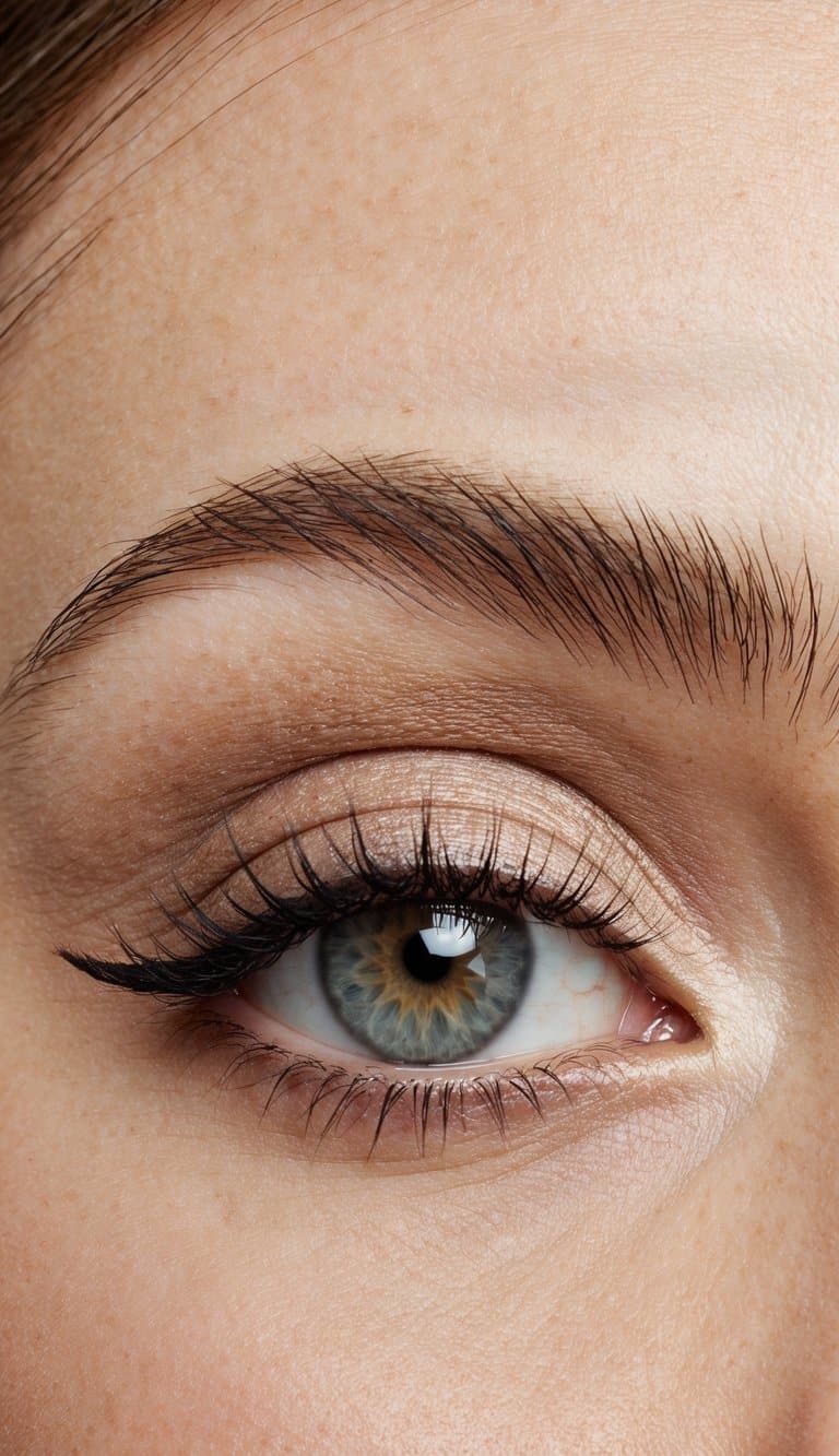 Soft Halo Eyes: A close-up of an eye with soft, blended eyeshadow in neutral tones, accented with shimmer and subtle eyeliner