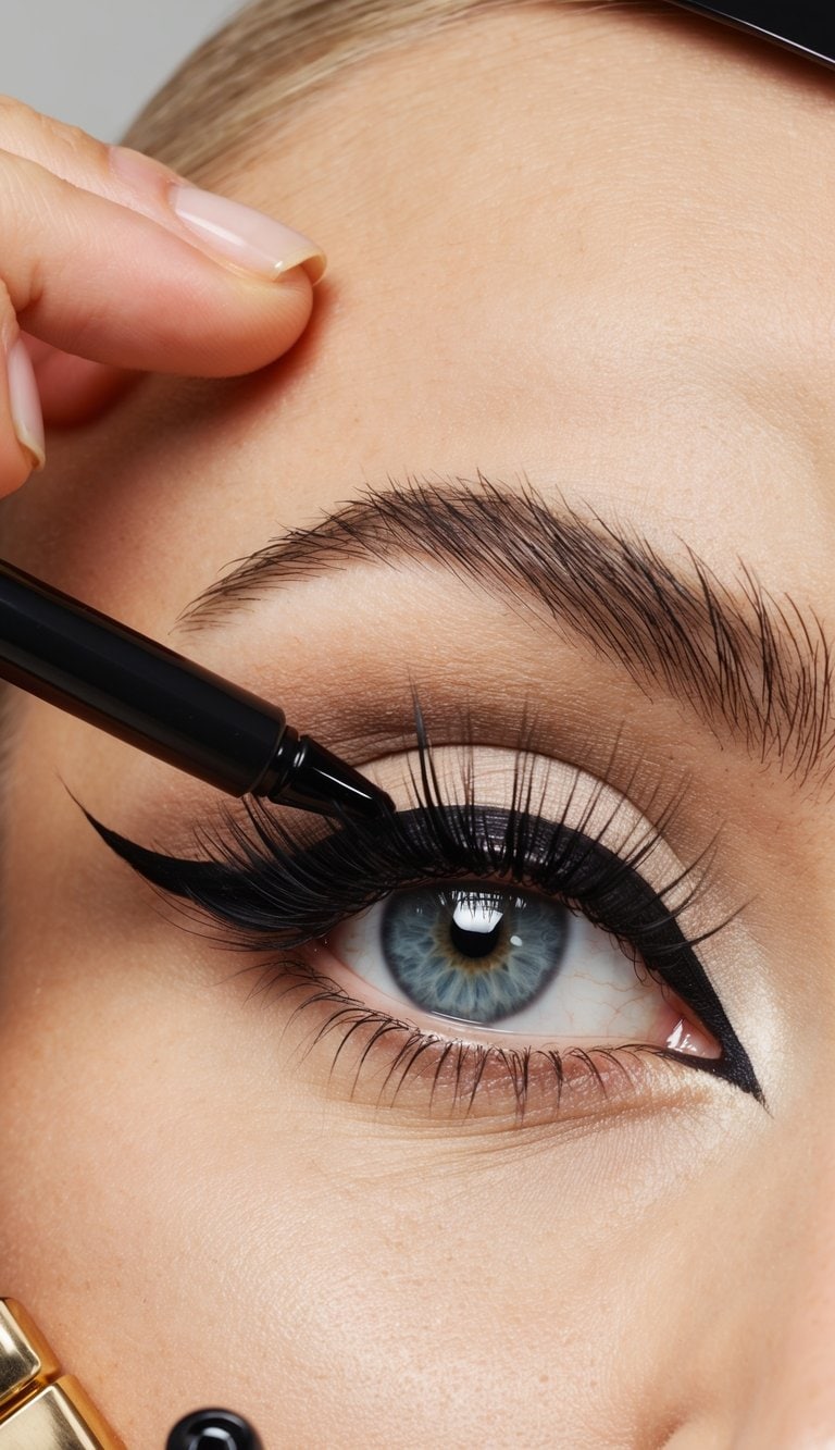 A close-up of a dramatic winged eyeliner being applied, with various makeup tools and products laid out on a clean, well-lit surface