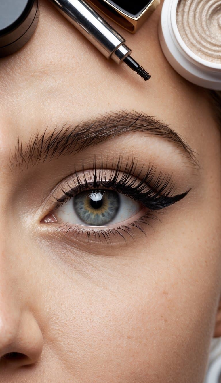 A close-up of an eye with perfectly tightlined lashes, surrounded by various eye makeup products and tools