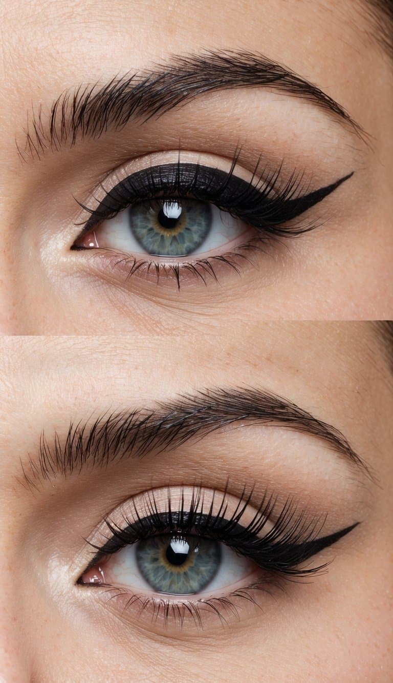 Two eyes with double winged eyeliner, one with a bold and dramatic look, the other with a softer, more subtle style