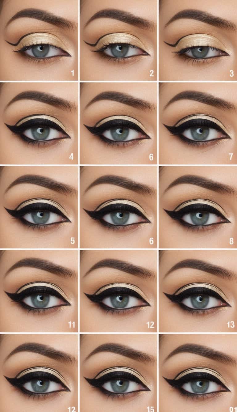 A collection of 50 eye makeup tutorial scenes, each showing step-by-step application of graphic liner art