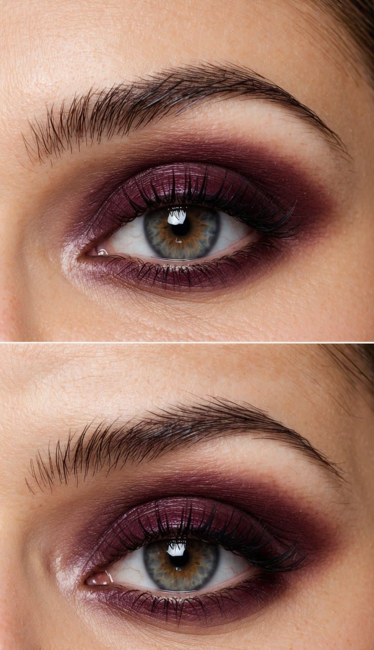 A close-up of a model's eye with a burgundy smoky eye makeup look, showcasing the blending and application techniques
