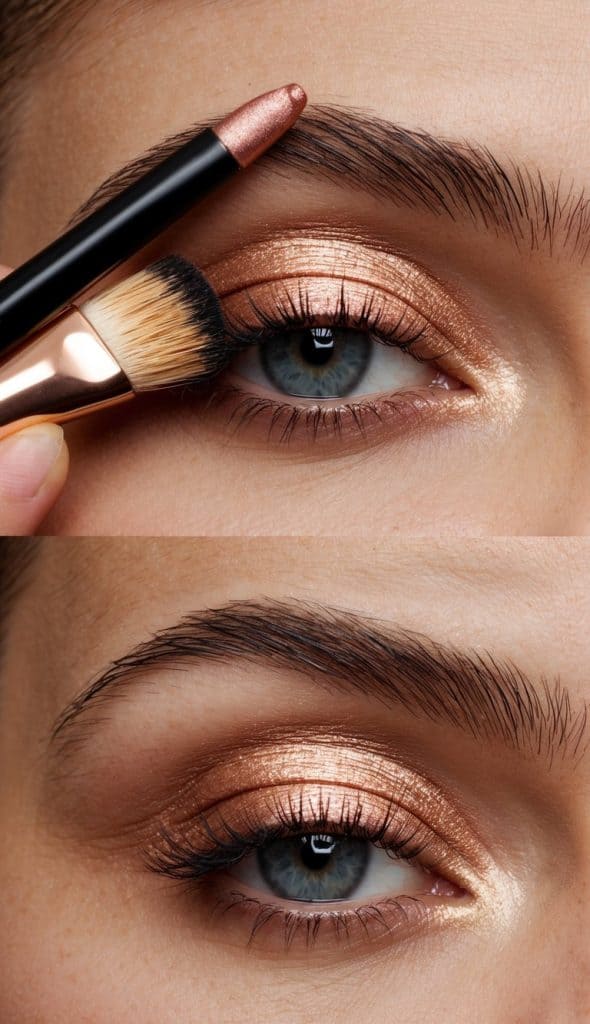 Two images show a close-up of an eye with shimmering copper eyeshadow; the top image includes a brush applying the eyeshadow, while the bottom image shows the completed look.