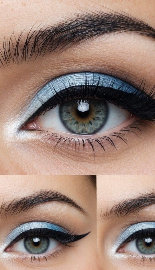 A close-up of an eye with ombre eyeliner, blending from dark to light, with a step-by-step tutorial layout in the background