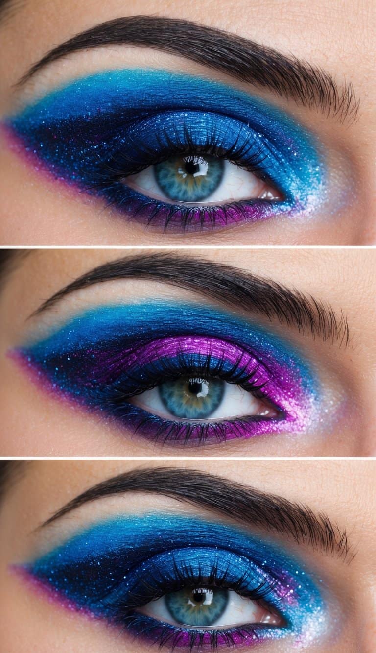 Vibrant swirls of blue, purple, and pink blend together on a cosmic backdrop, creating a mesmerizing galaxy-inspired eye makeup look