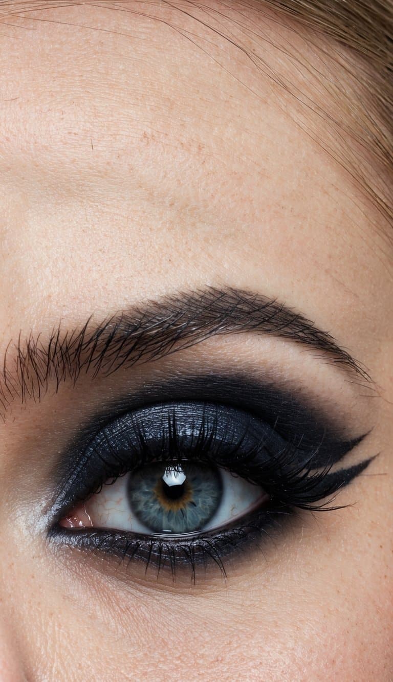 A close-up of an eye with grunge makeup, featuring smudged eyeliner and dark, shadowy colors