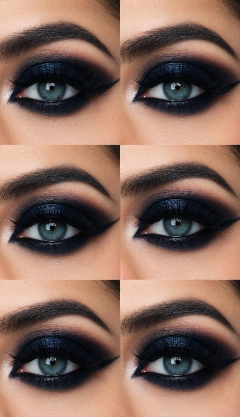 A dark, gothic-themed makeup tutorial with 50 step-by-step eye looks