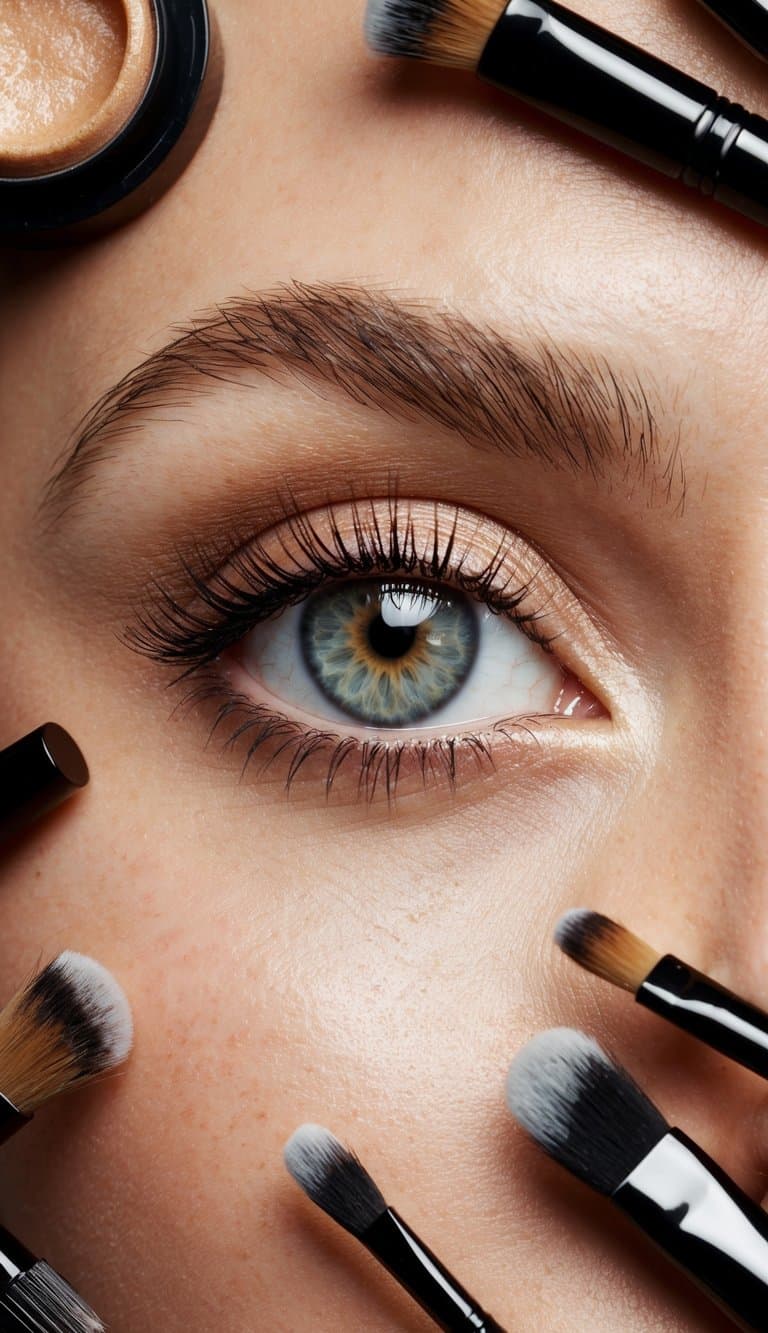 A close-up of an eye with dewy, glowing makeup, surrounded by various eye makeup products and brushes