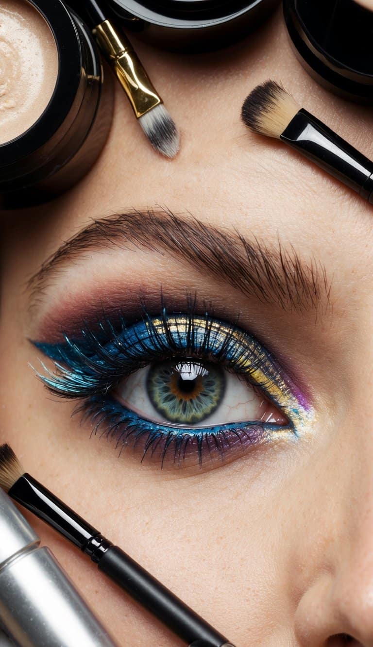 A close-up of an eye with intricate and colorful makeup, surrounded by various makeup tools and products