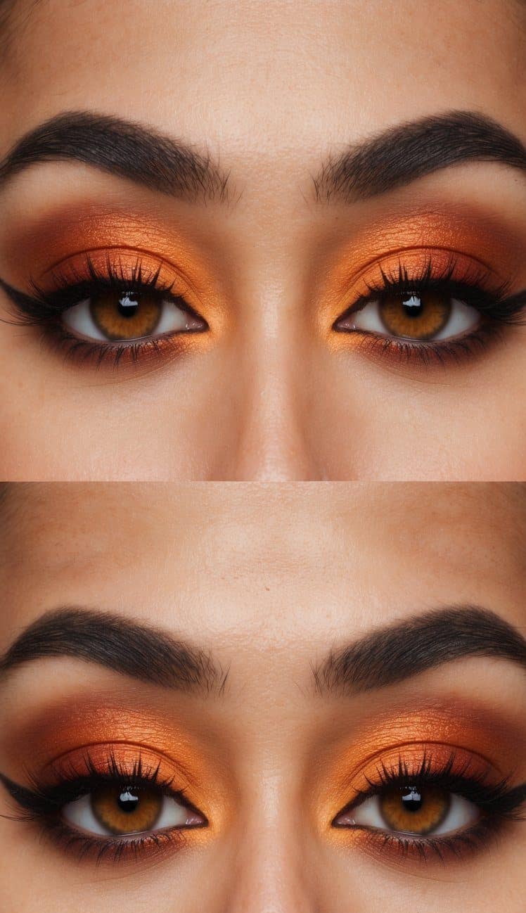 A close-up of a pair of fiery orange eyes with smoky, burnt orange eyeshadow and bold eyeliner, creating a warm and intense makeup look
