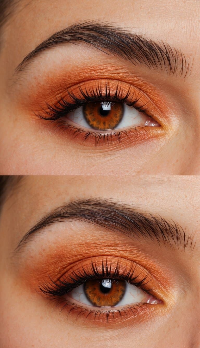 A close-up of an eye with warm and fiery orange makeup, featuring burnt sienna and coral shades