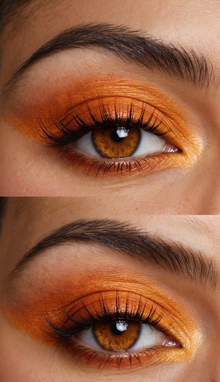 A close-up of an eye with vibrant orange eyeshadow, blending into a warm and fiery gradient, with a hint of burnt sienna