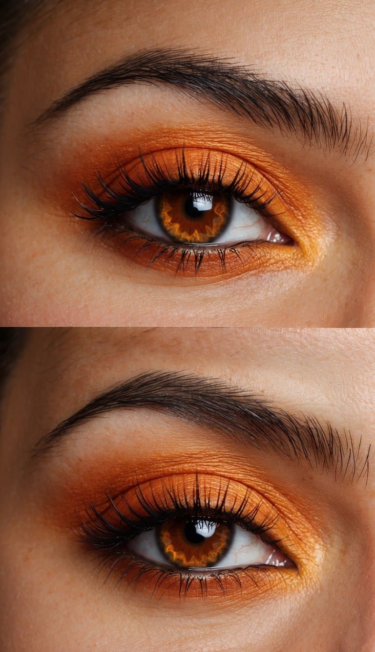Close-up view of an eye with orange and yellow eyeshadow, highlighting the intricate iris details and natural eyelashes.