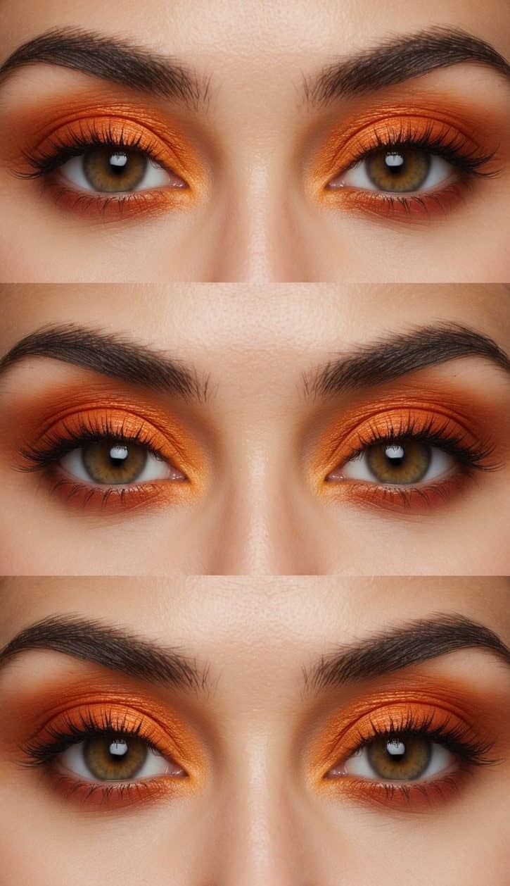 A close-up of a pair of eyes with bold, fiery orange eyeshadow, creating a warm and rustic charm