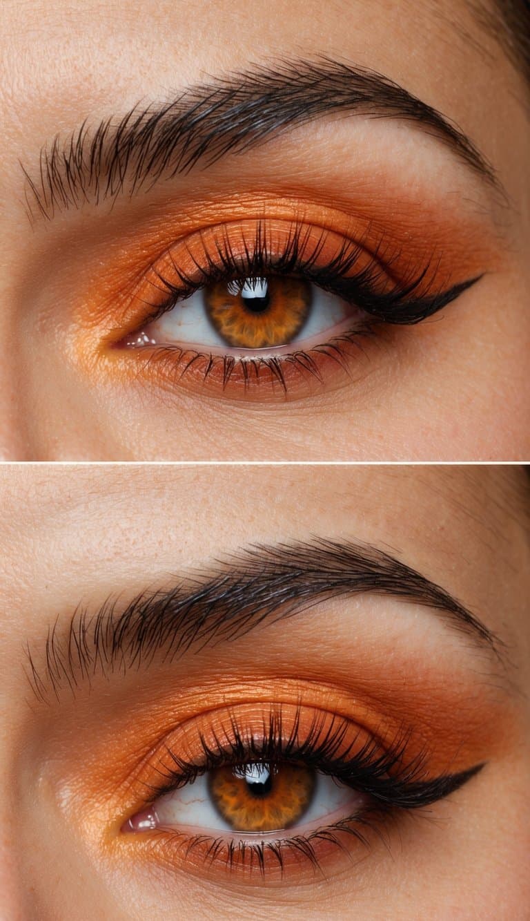 A close-up of an eye with warm and fiery orange makeup, featuring burnt sienna and tangerine shades