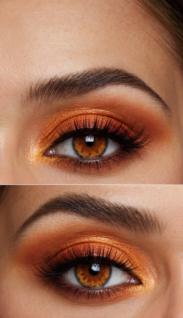 A close-up of a fiery orange eye makeup look with burnt sienna tones, featuring shimmering and warm hues