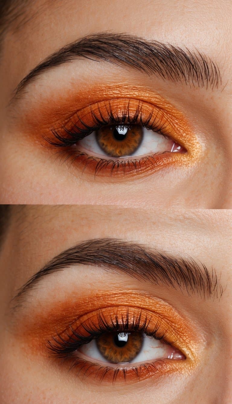 A close-up of an eye with fiery orange eyeshadow, blending into a warm burnt sienna shade, with a subtle sparkle