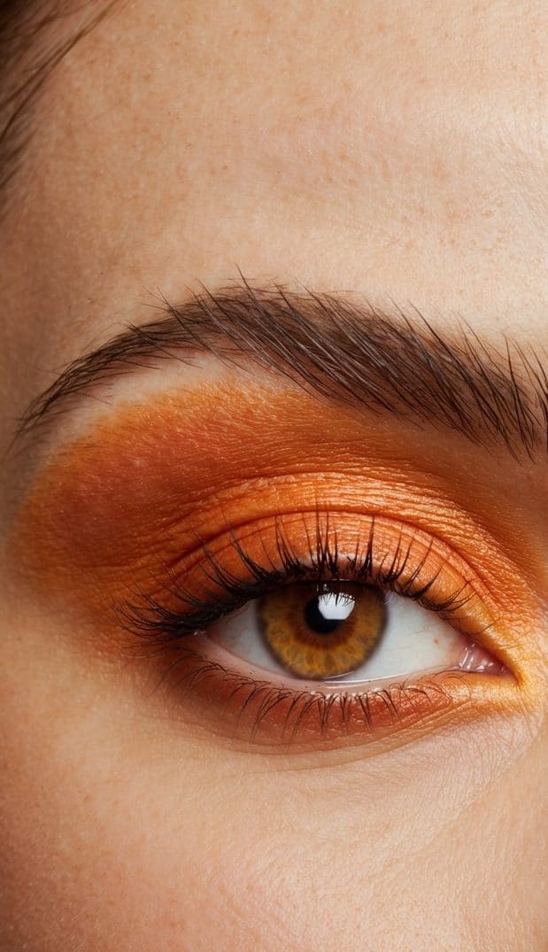 A close-up of an eye with fiery orange eyeshadow, blending into warm tones with a hint of shimmer