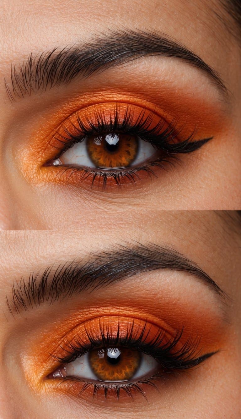 A close-up of fiery orange eye makeup with a burnt sienna hue