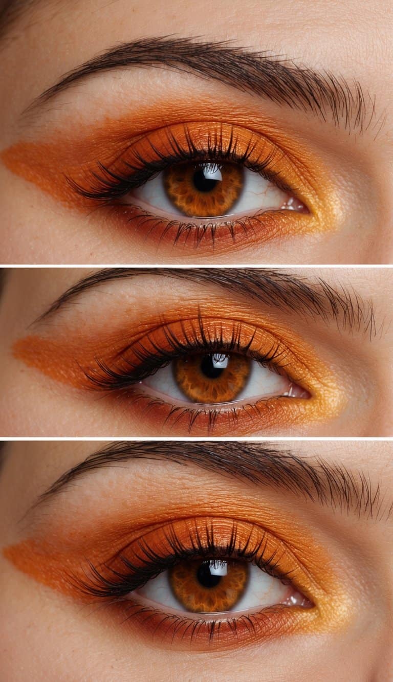 A close-up of an eye with vibrant orange eyeshadow, blending into a burnt sienna shade, with warm and fiery tones