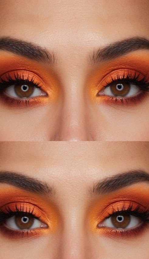 A close-up of a fiery orange eye makeup look, with warm tones and burnt sienna accents, set against a sunset flame backdrop