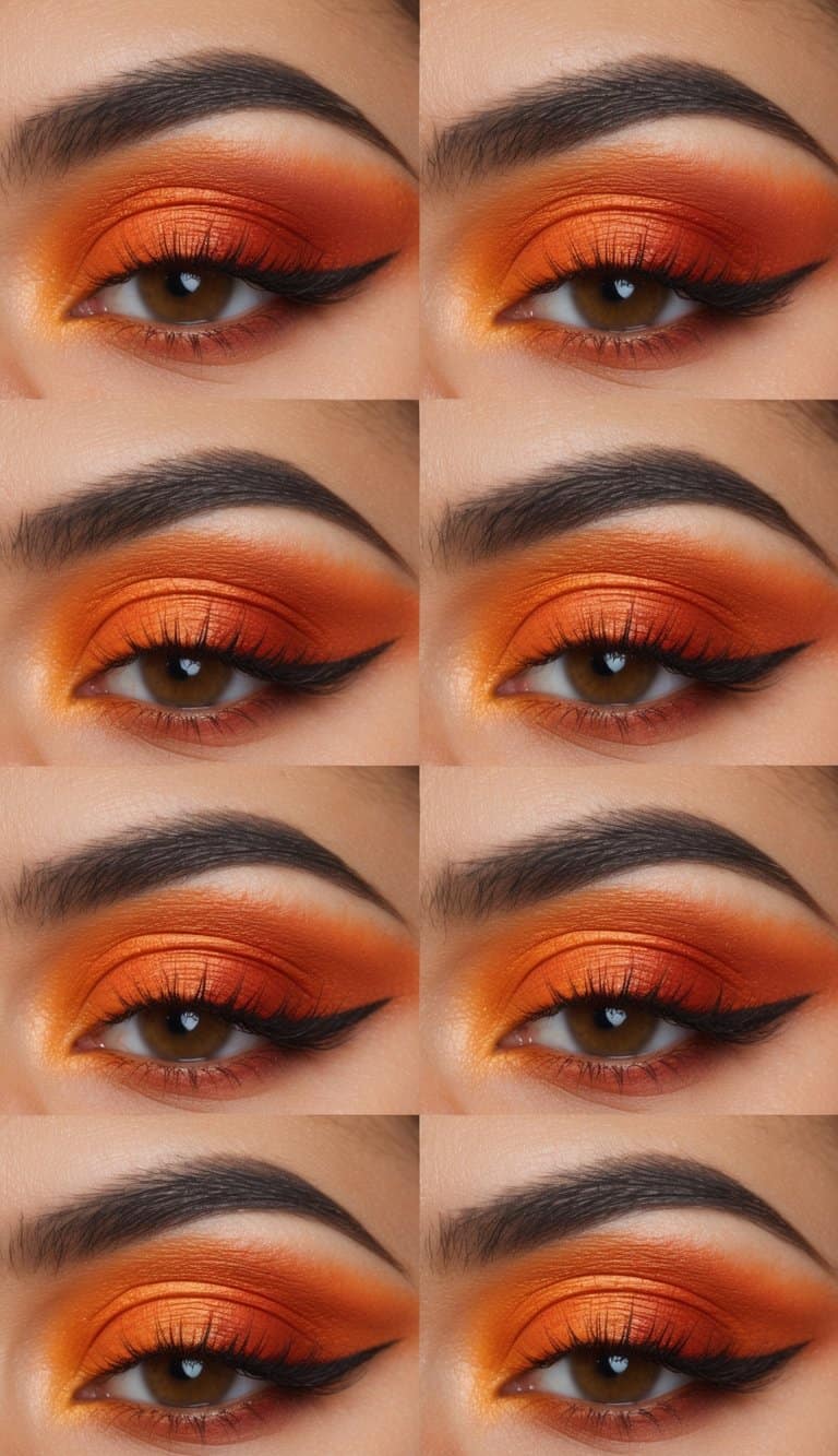 A close-up of a fiery orange eye makeup look, with warm tones and a burnt sienna shade, creating a bold and vibrant appearance