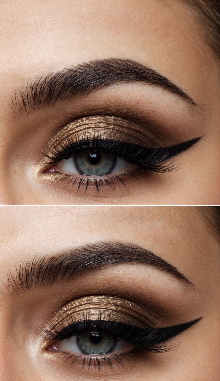 A close-up of a smokey cat eye makeup look using espresso eyeshadow, with a focus on the bold and elegant winged eyeliner