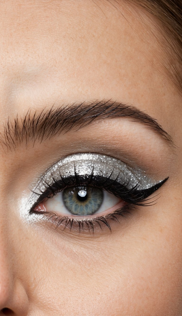 A close-up of a shimmering silver cat eye makeup look with precise winged eyeliner and glitter accents