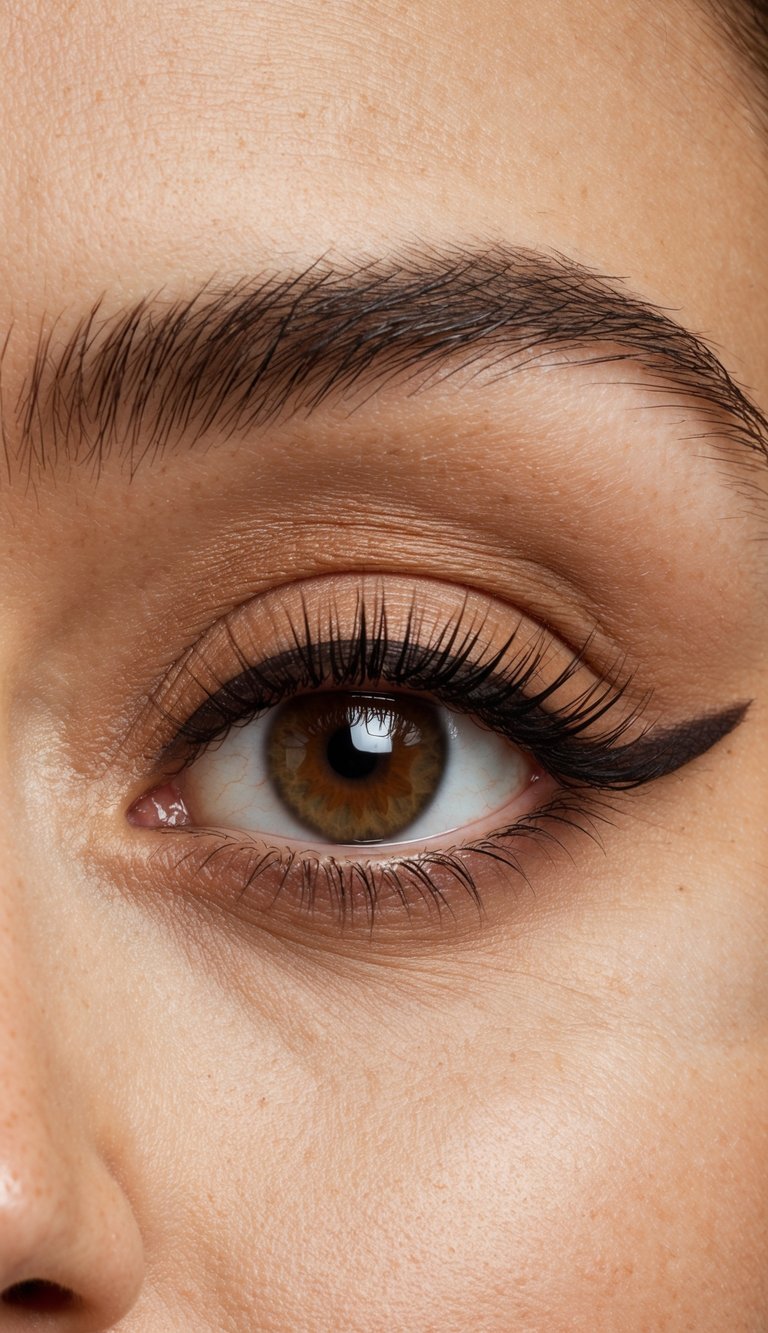 A subtle brown cat eye makeup look on a clean, daytime face