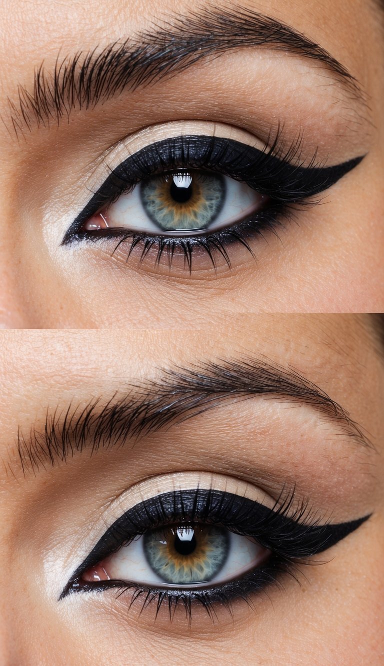A close-up of a dramatic cat eye makeup look with gel liner, showcasing bold and elegant lines for every occasion