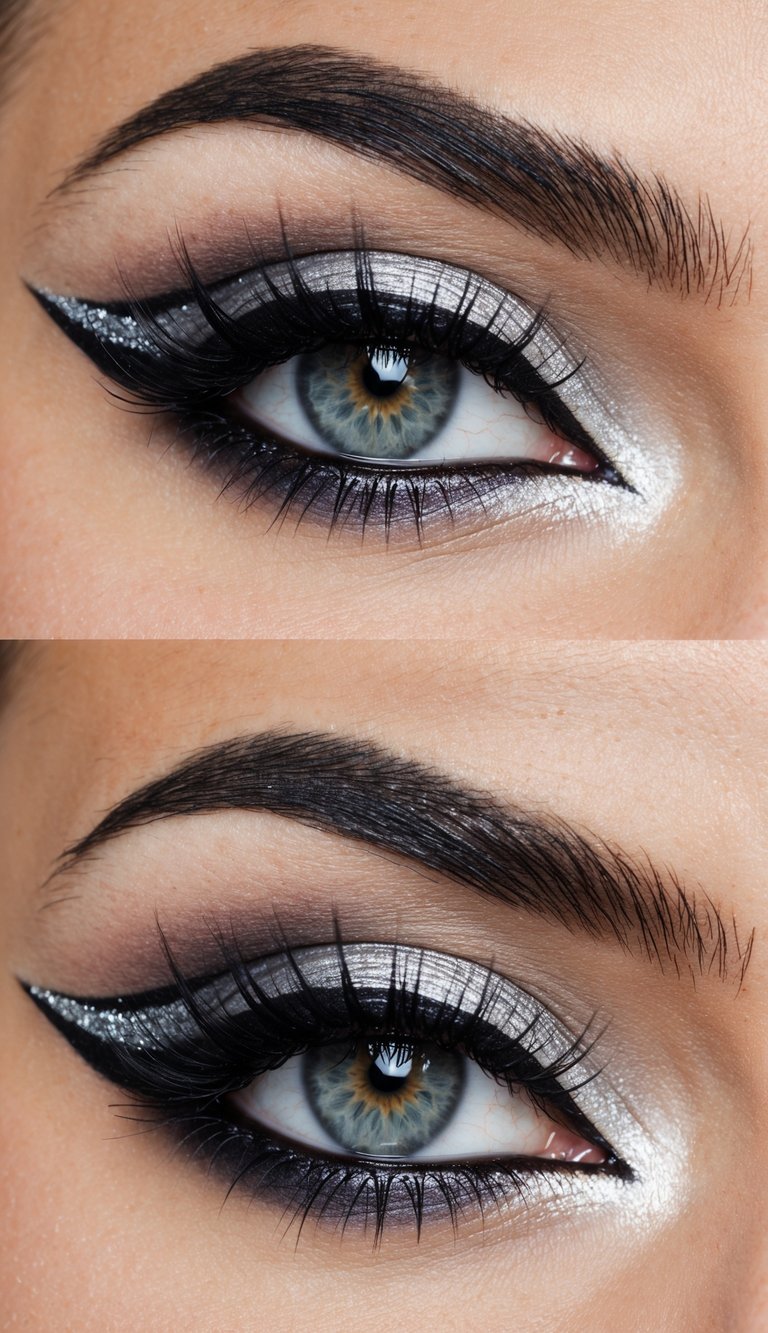 A close-up of a dramatic cat eye makeup look with winged liner and silver inner corners, showcasing bold and elegant style