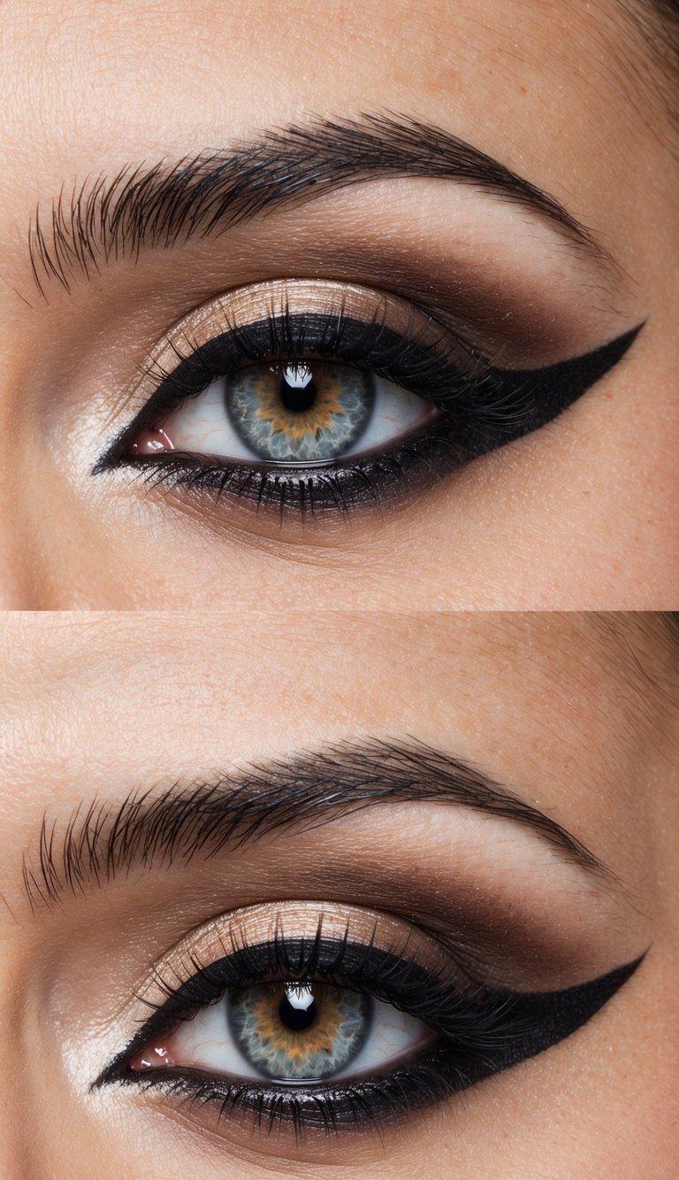 A close-up of a cat eye makeup look with graphic inner corners, showcasing bold and elegant design