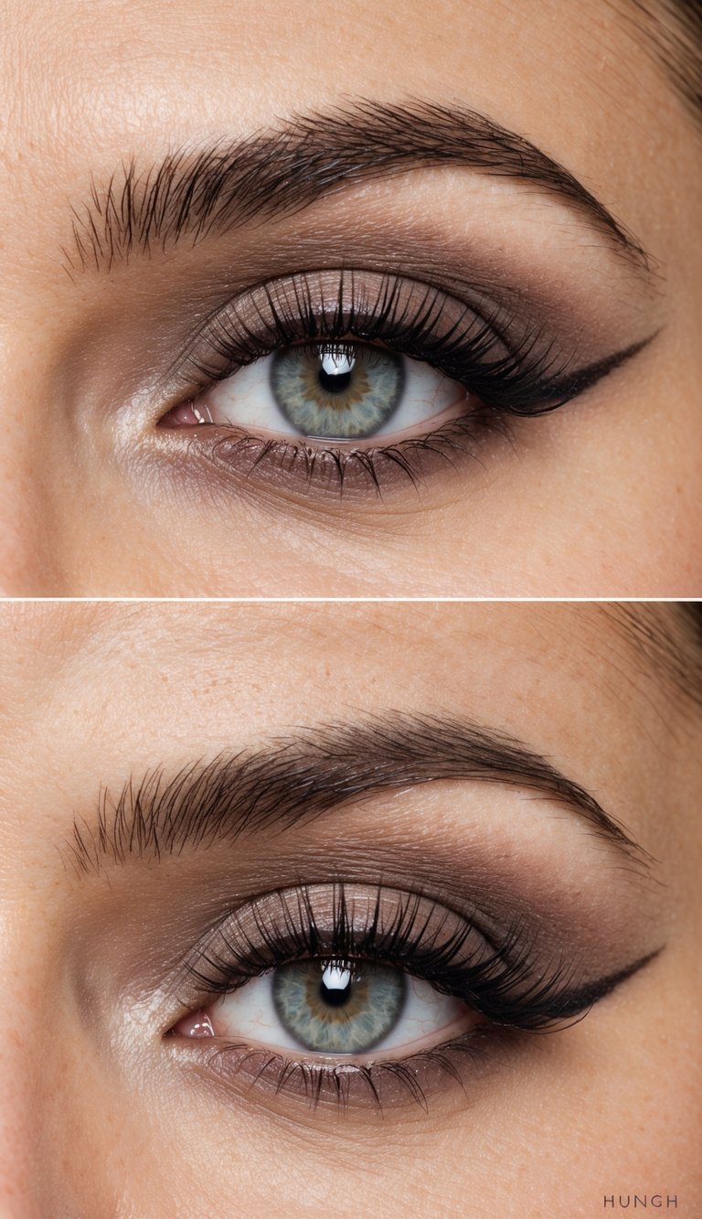 A sleek taupe cat eye makeup look on a clean, professional background with subtle lighting