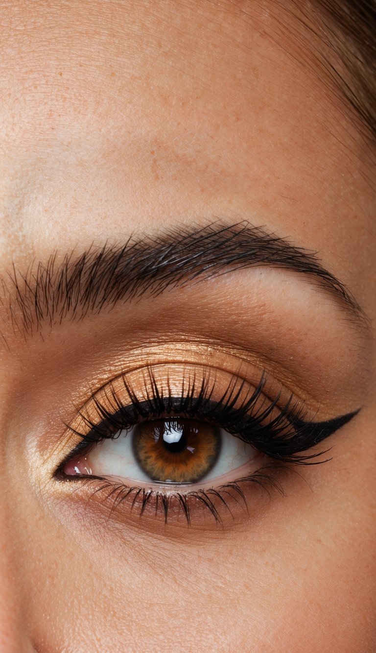 A close-up of a warm bronze cat eye makeup look with stunning, bold and elegant lines, perfect for autumn